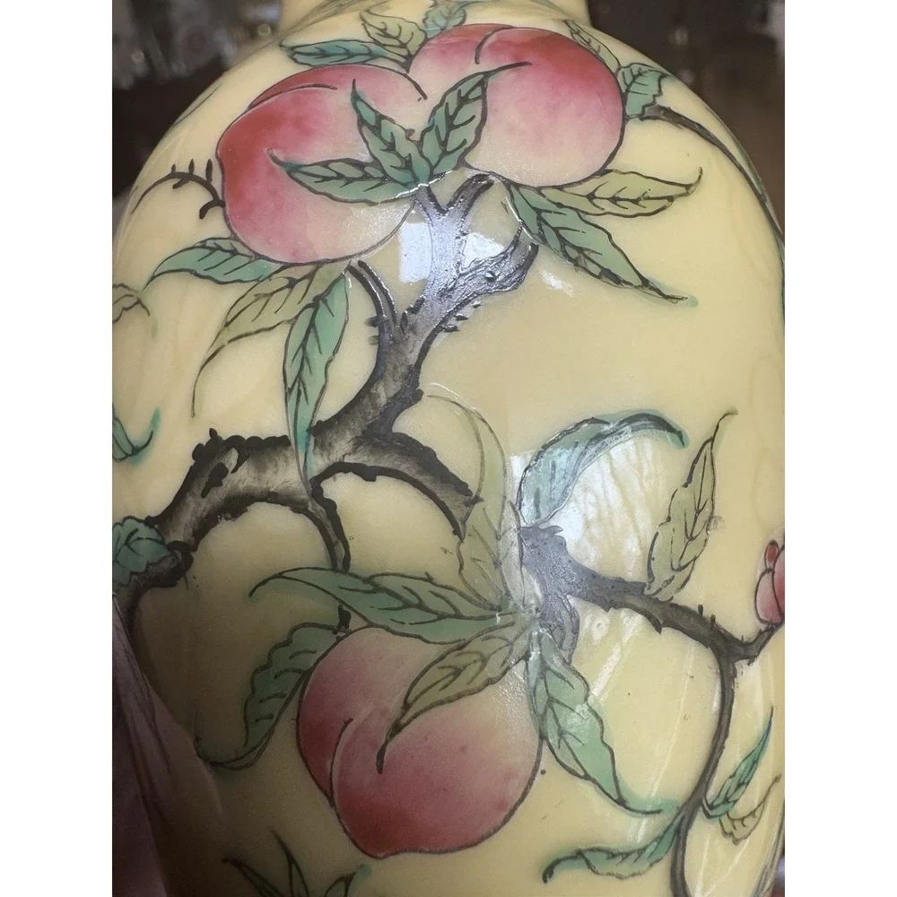 Vintage Chinese Peach Vase Hand Painted‎ Yellow Porcelain Decorated in Hong Kong